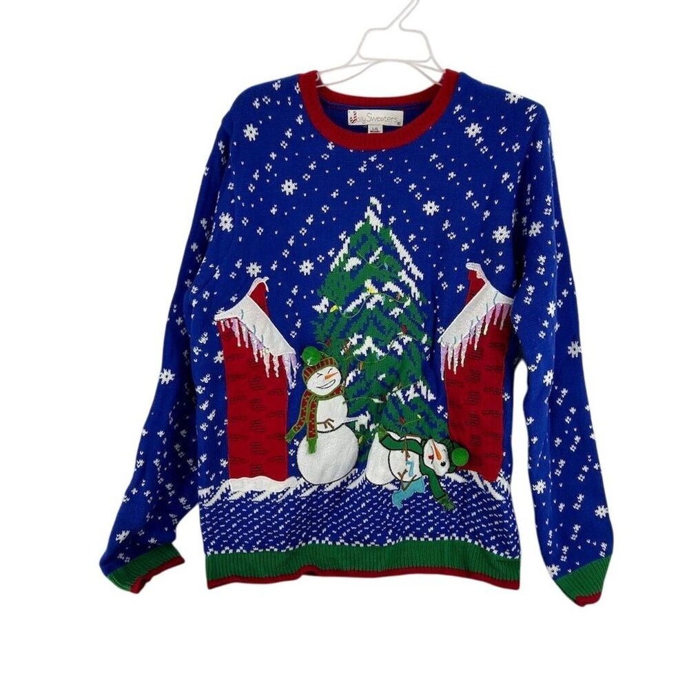 Jolly Sweaters Light Up Ugly Christmas Sweater Unisex Large Blue Snowmen Tree